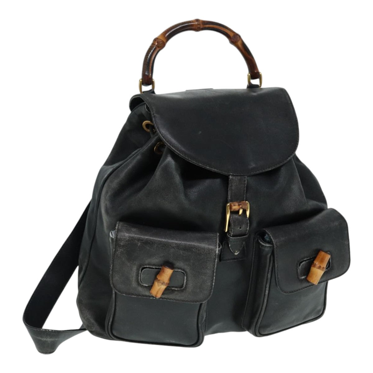 GUCCI Bamboo Backpack Leather Black Gold 003 1998 0016 90321