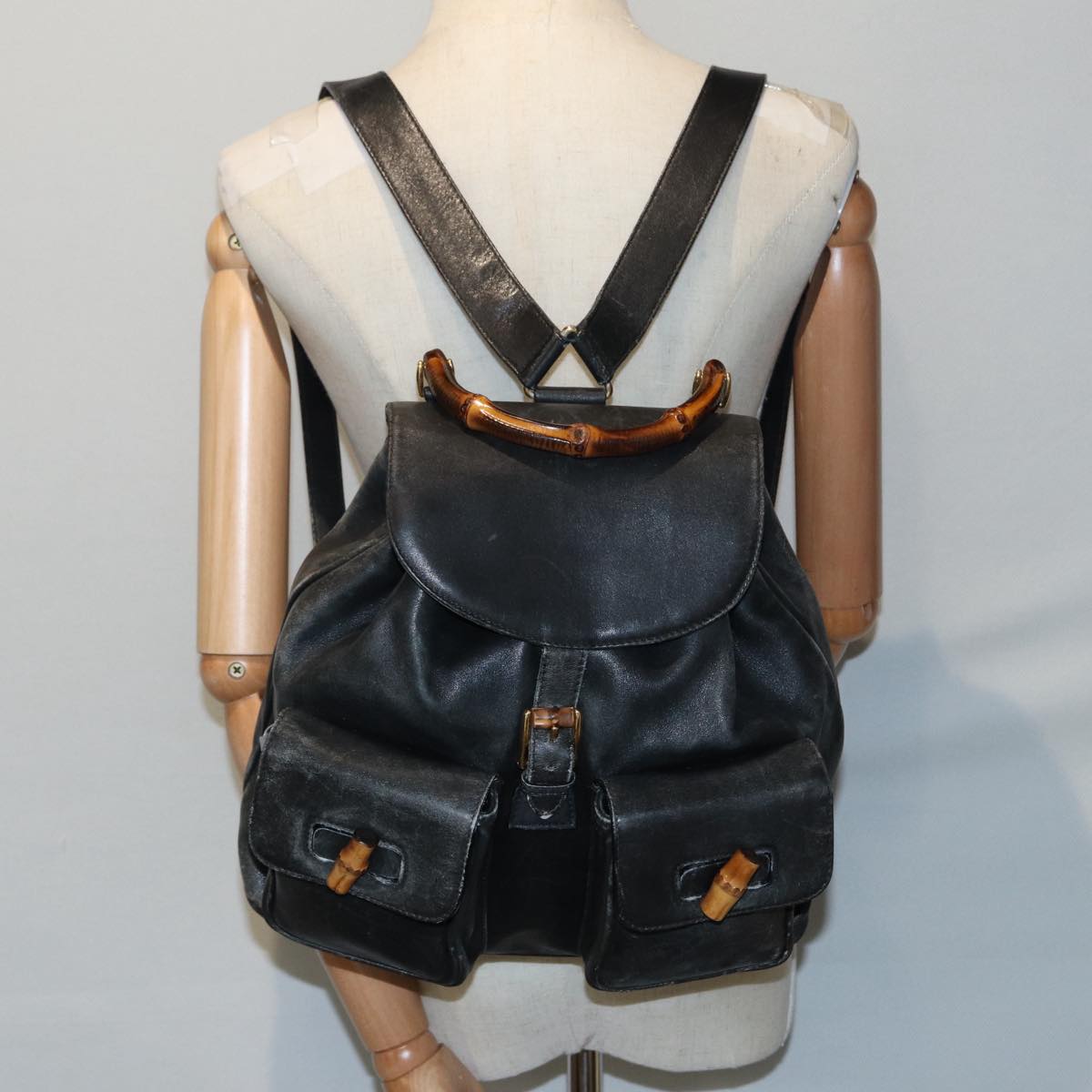GUCCI Bamboo Backpack Leather Black Gold 003 1998 0016 90321