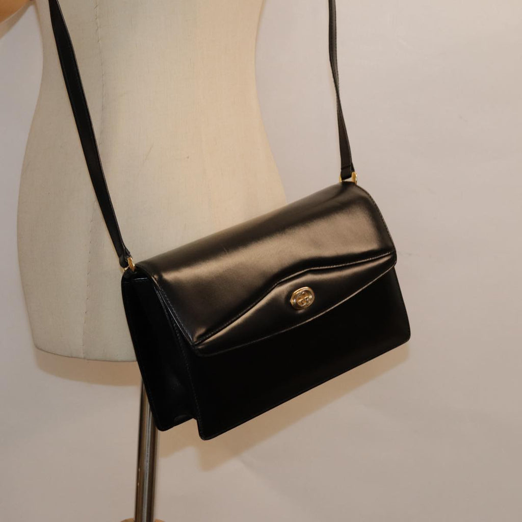GUCCI Shoulder Bag Leather Black Gold 90362