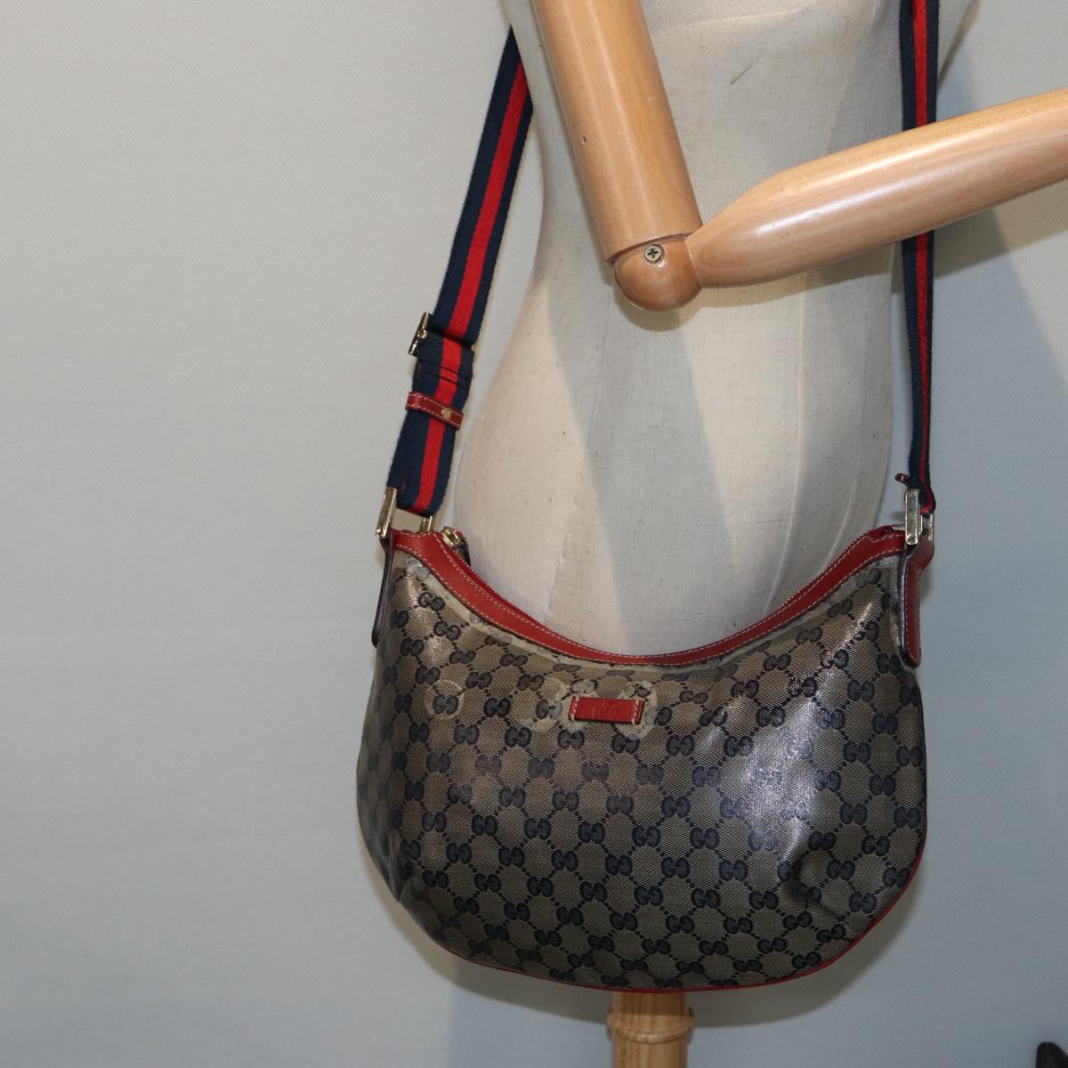 GUCCI GG Crystal Sherry Line Shoulder Bag Gold Red Navy 181092 90373