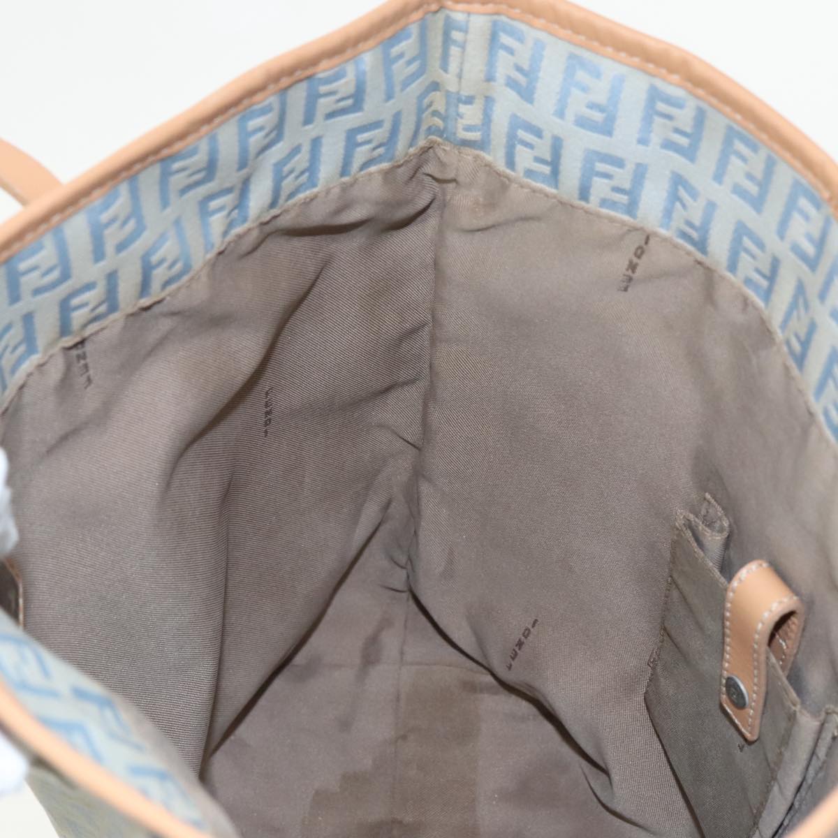 FENDI Zucchino Canvas Tote Bag Light Blue Brown Silver 90434