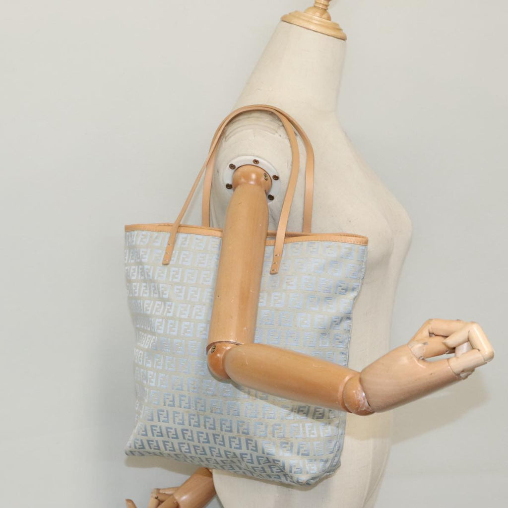 FENDI Zucchino Canvas Tote Bag Light Blue Brown Silver 90434