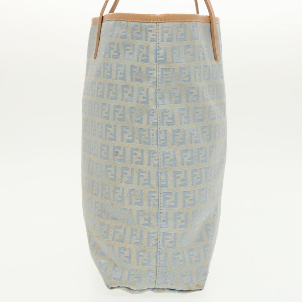 FENDI Zucchino Canvas Tote Bag Light Blue Brown Silver 90434