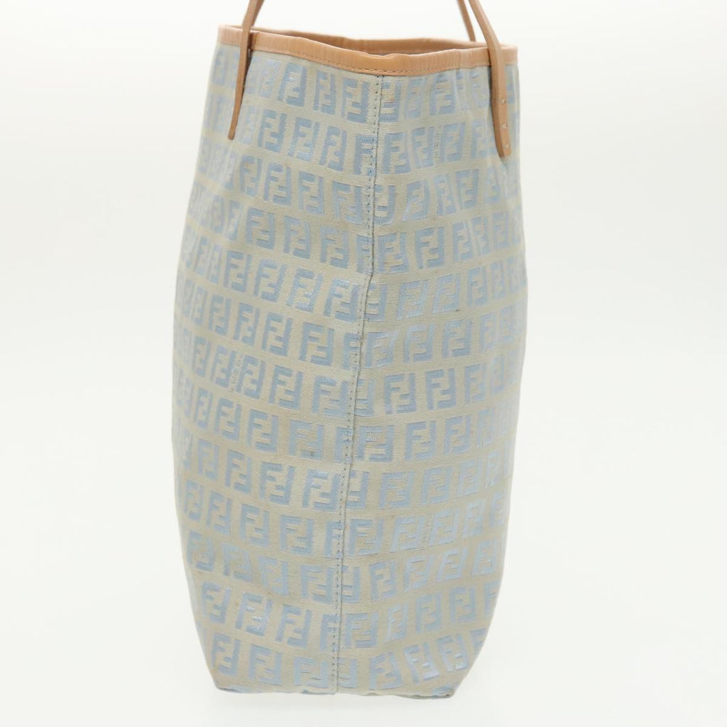 FENDI Zucchino Canvas Tote Bag Light Blue Brown Silver 90434