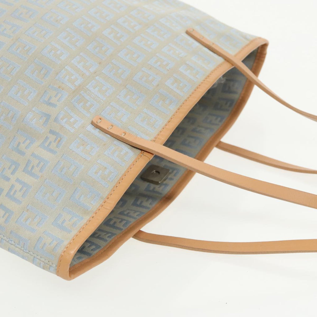 FENDI Zucchino Canvas Tote Bag Light Blue Brown Silver 90434