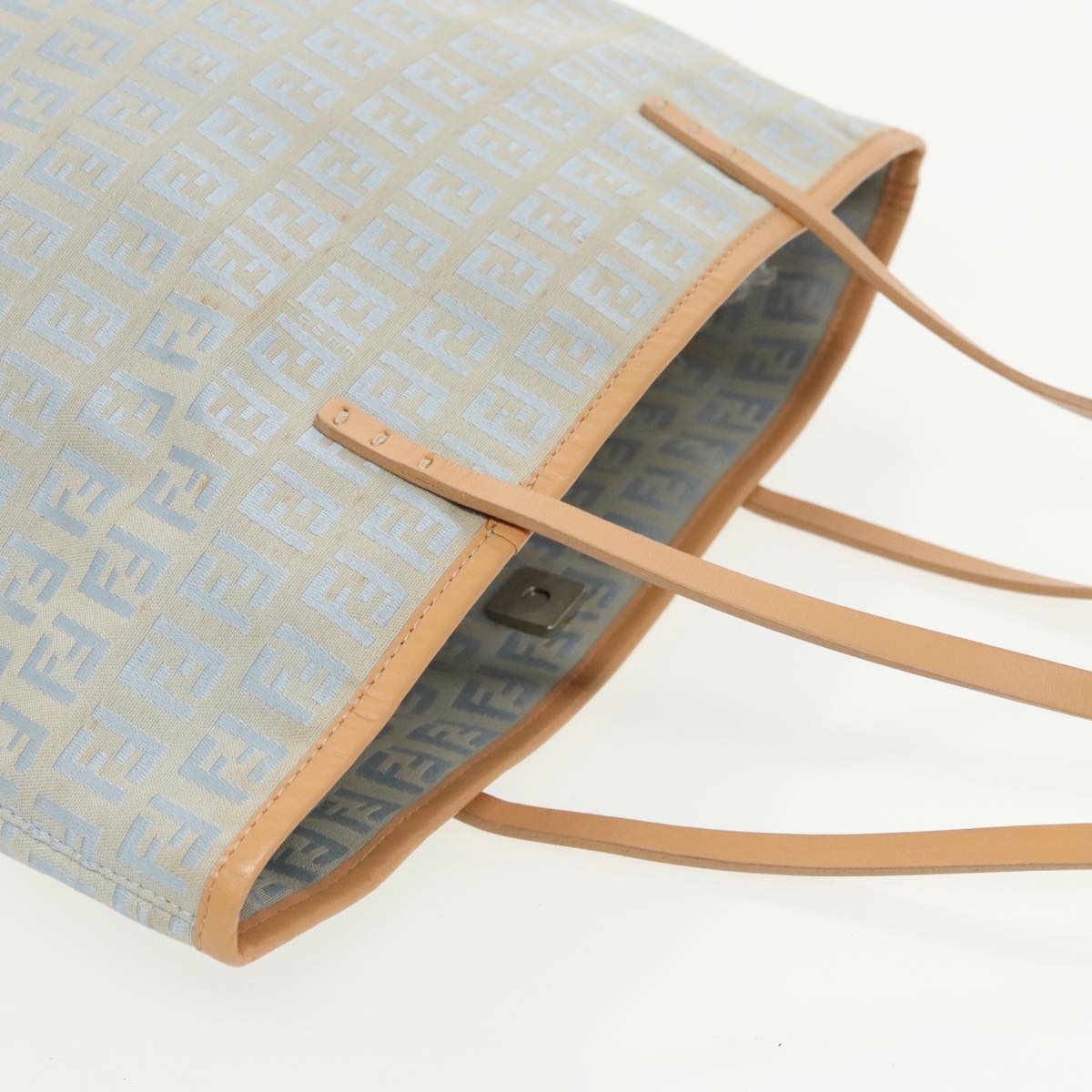 FENDI Zucchino Canvas Tote Bag Light Blue Brown Silver 90434