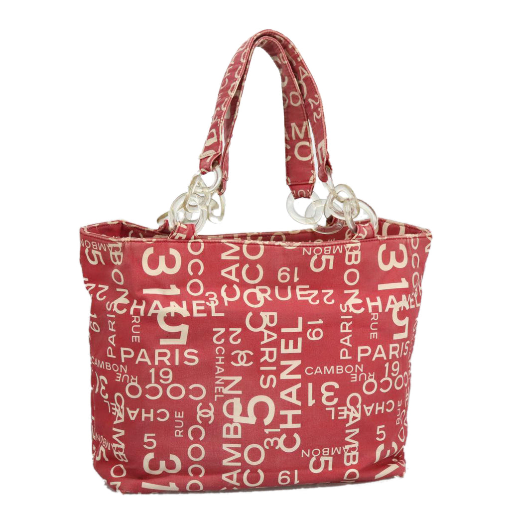 CHANEL Bysy line Tote Bag Canvas Plastic Red White Clear CC 90446