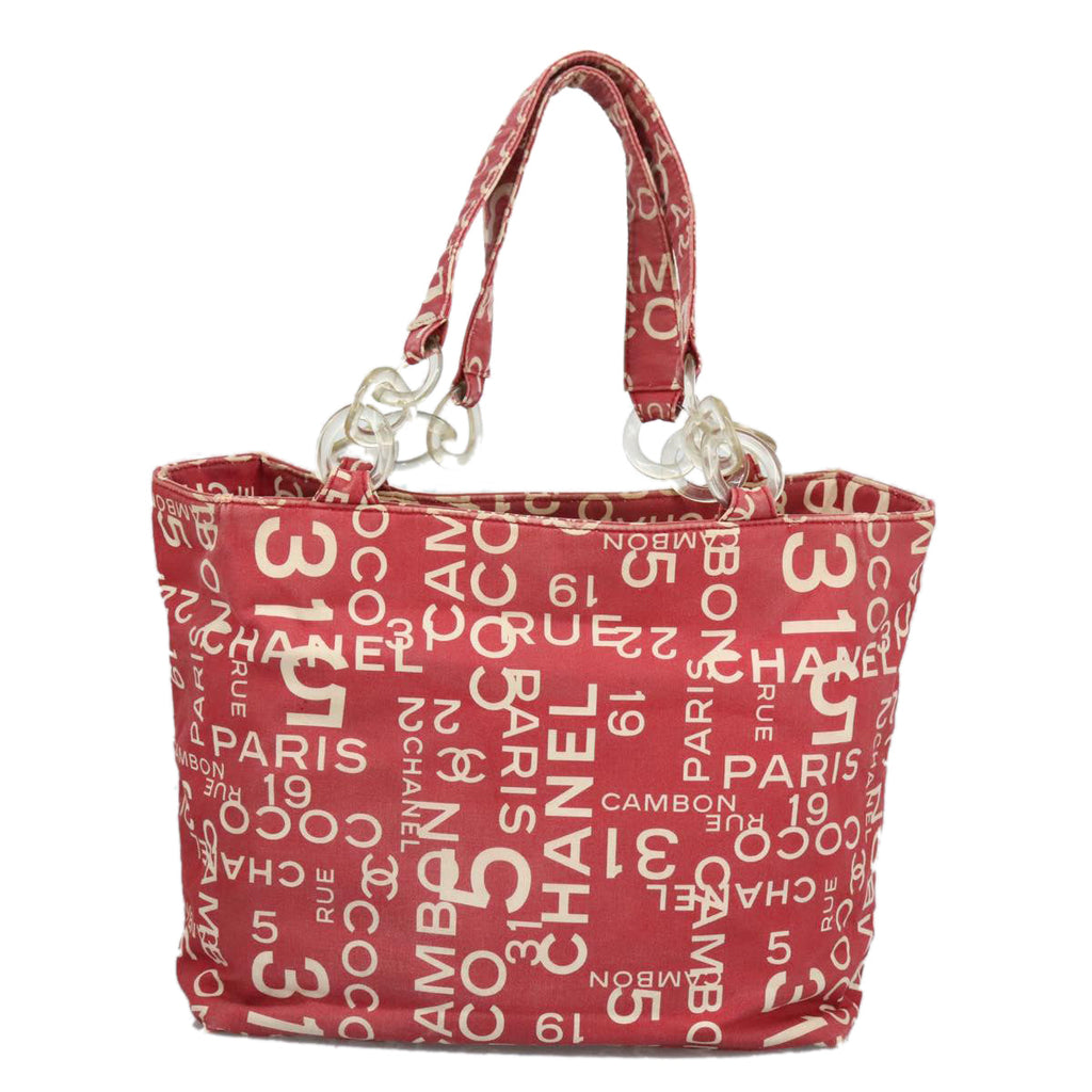 CHANEL Bysy line Tote Bag Canvas Plastic Red White Clear CC 90446