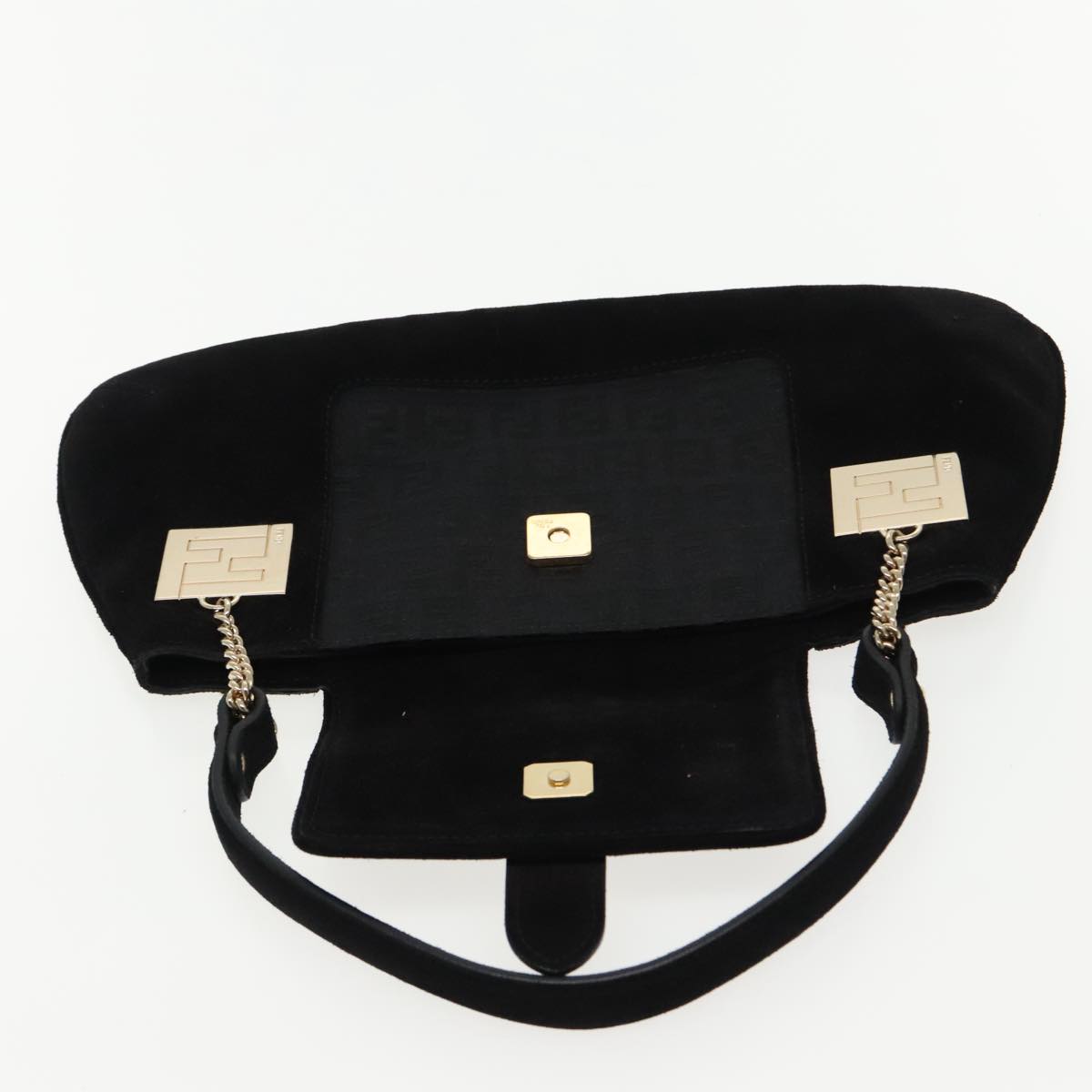FENDI Zucchino Canvas Shoulder Bag Black Gold 90485