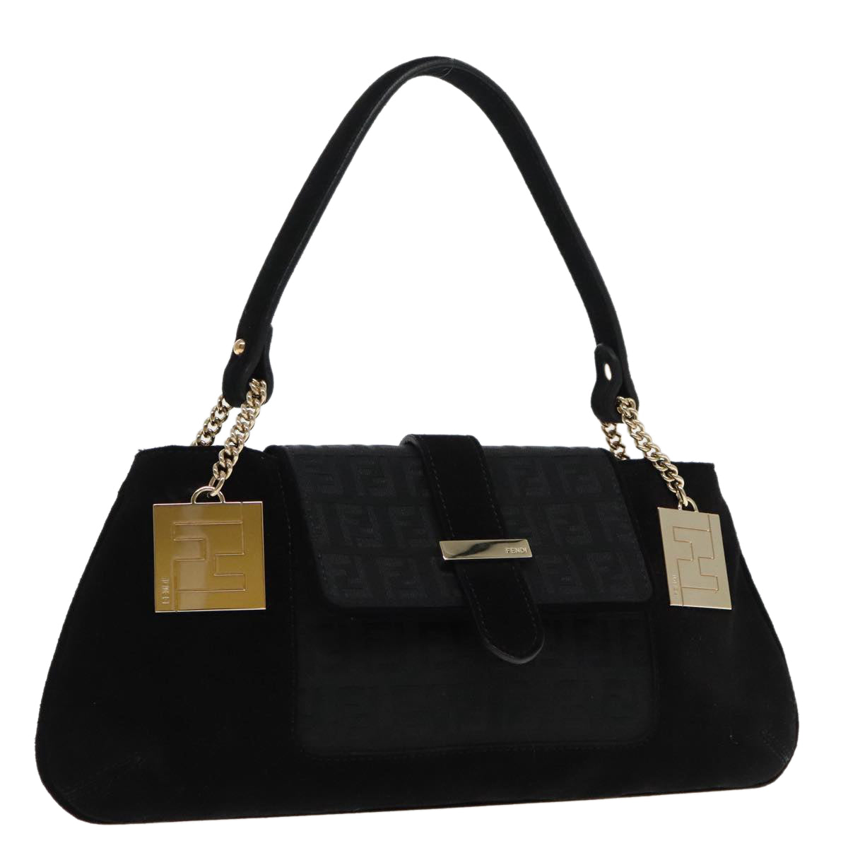 FENDI Zucchino Canvas Shoulder Bag Black Gold 90485