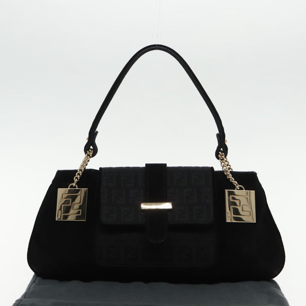FENDI Zucchino Canvas Shoulder Bag Black Gold 90485