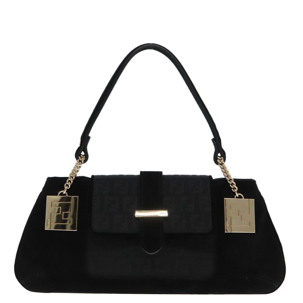 FENDI Zucchino Canvas Shoulder Bag Black Gold 90485