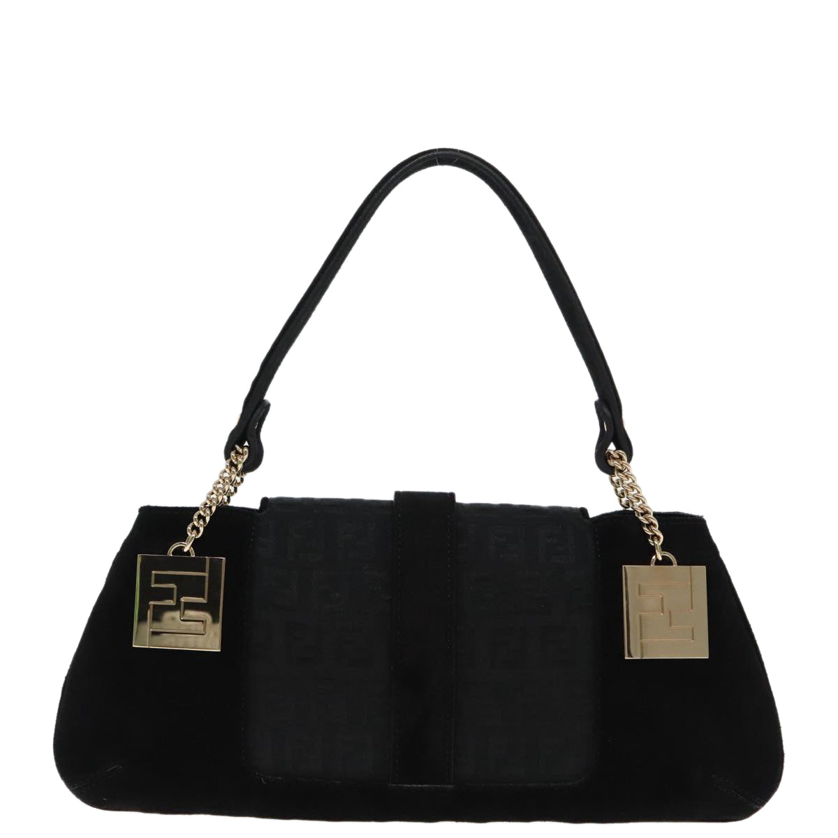 FENDI Zucchino Canvas Shoulder Bag Black Gold 90485