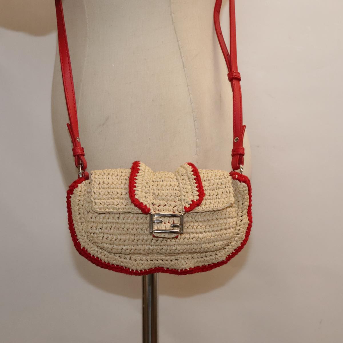 FENDI Shoulder Bag straw Beige Red 8M0354 90505