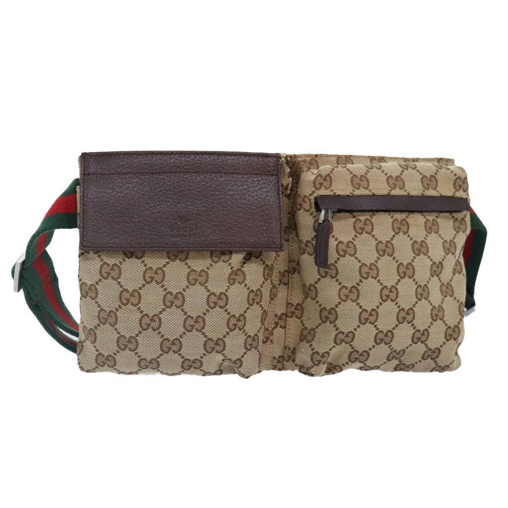GUCCI GG Canvas Web Sherry Line Waist bag Beige Brown Silver 28566 90580