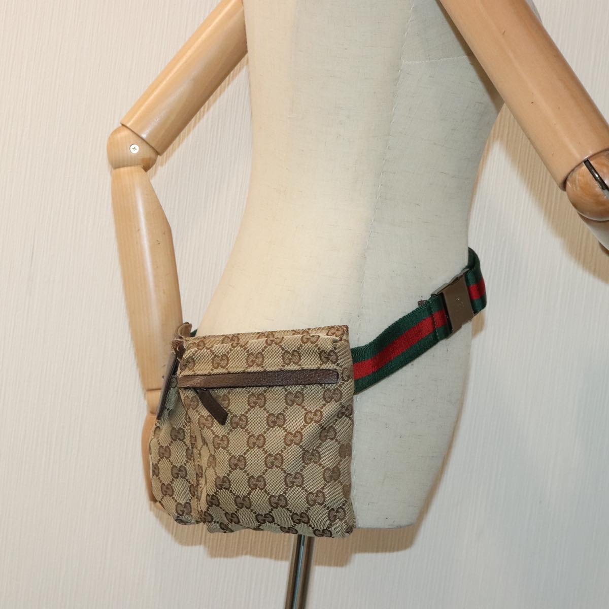 GUCCI GG Canvas Web Sherry Line Waist bag Beige Brown Silver 28566 90580