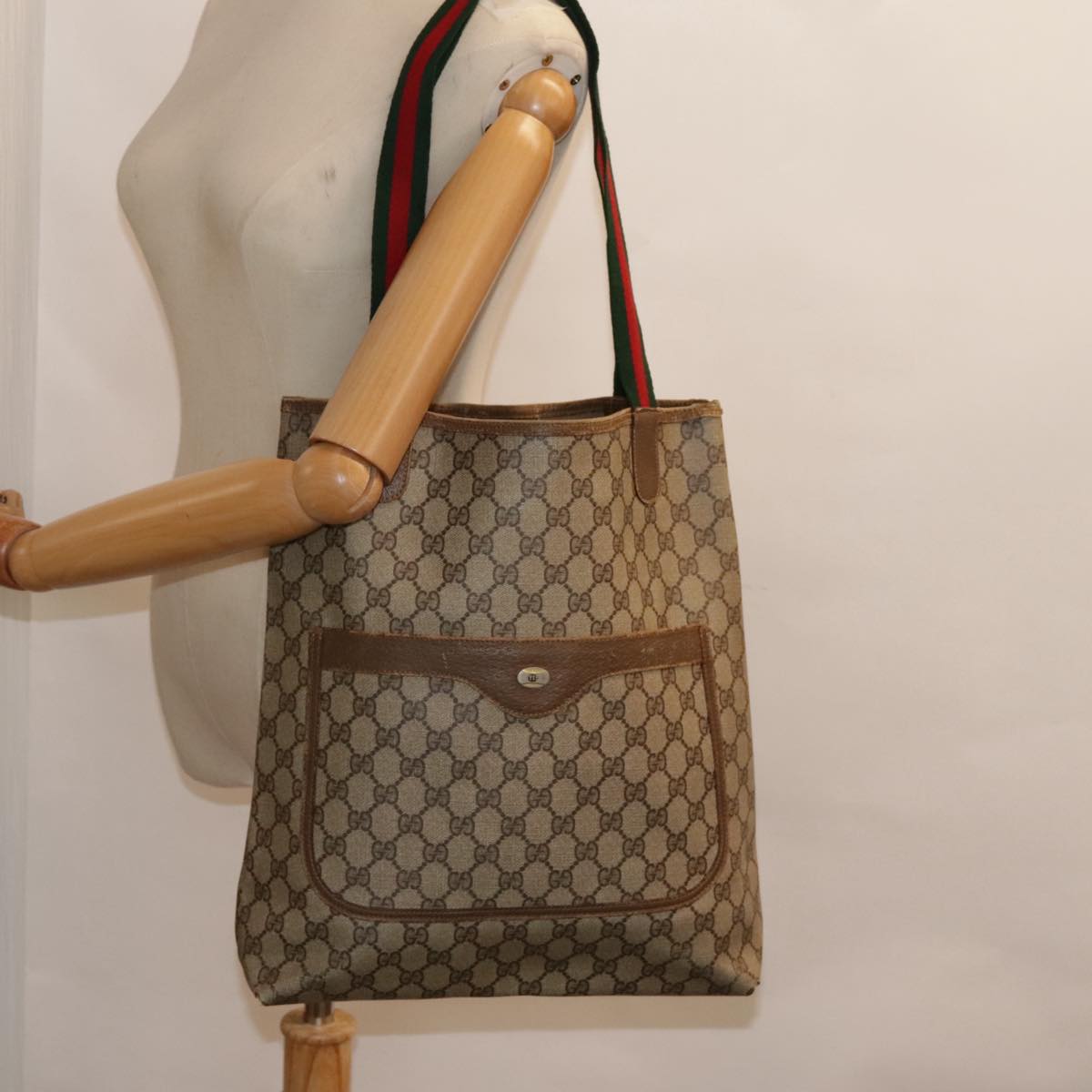 GUCCI GG Supreme Web Sherry Line Tote Bag PVC Leather Beige 40 02 003 90589
