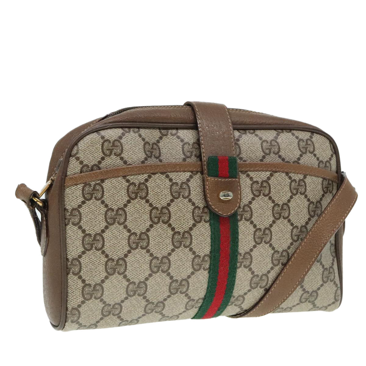 GUCCI GG Supreme Web Sherry Line Shoulder Bag PVC Beige Gold 90595