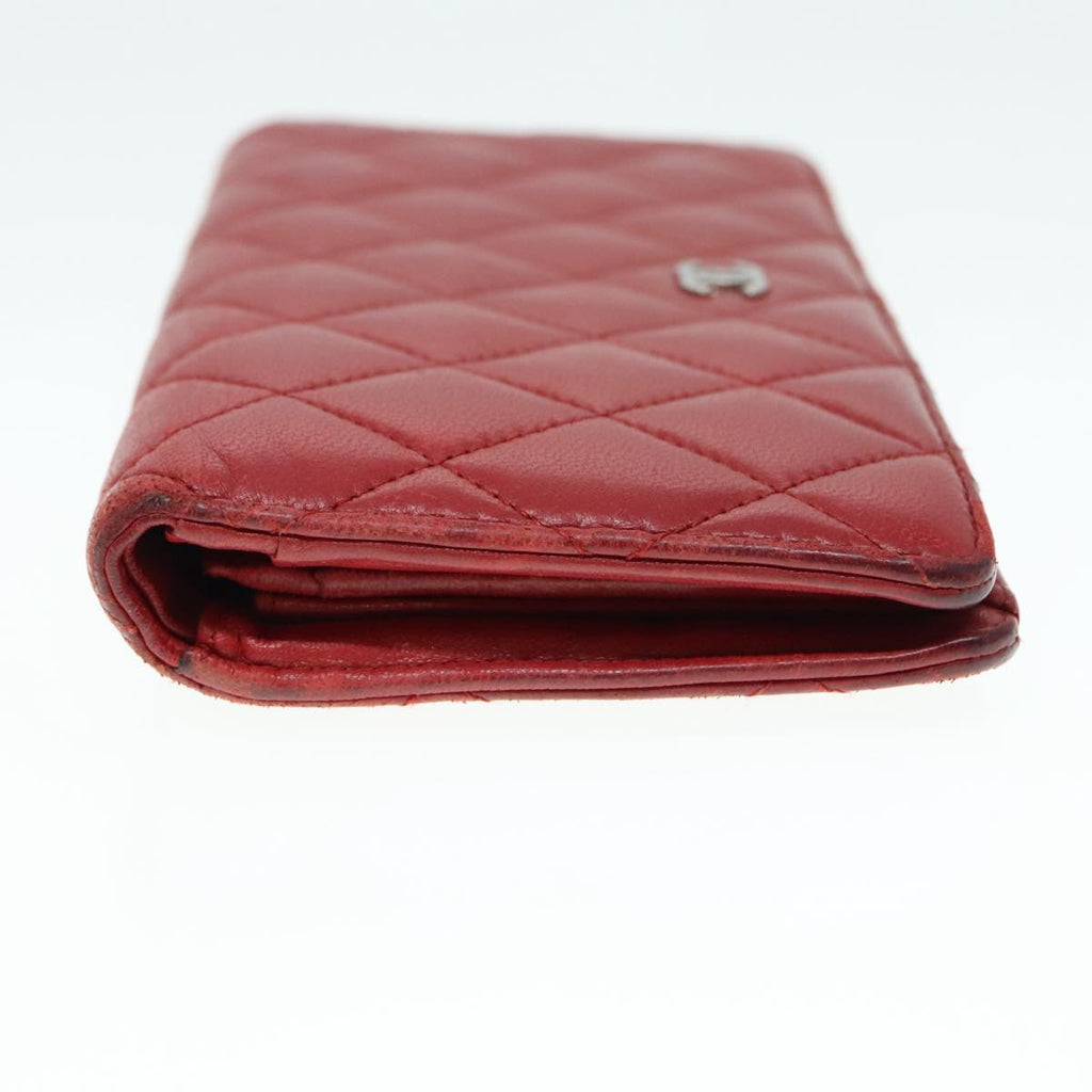 CHANEL Matelasse Wallet Lamb Skin Red Silver CC 90620