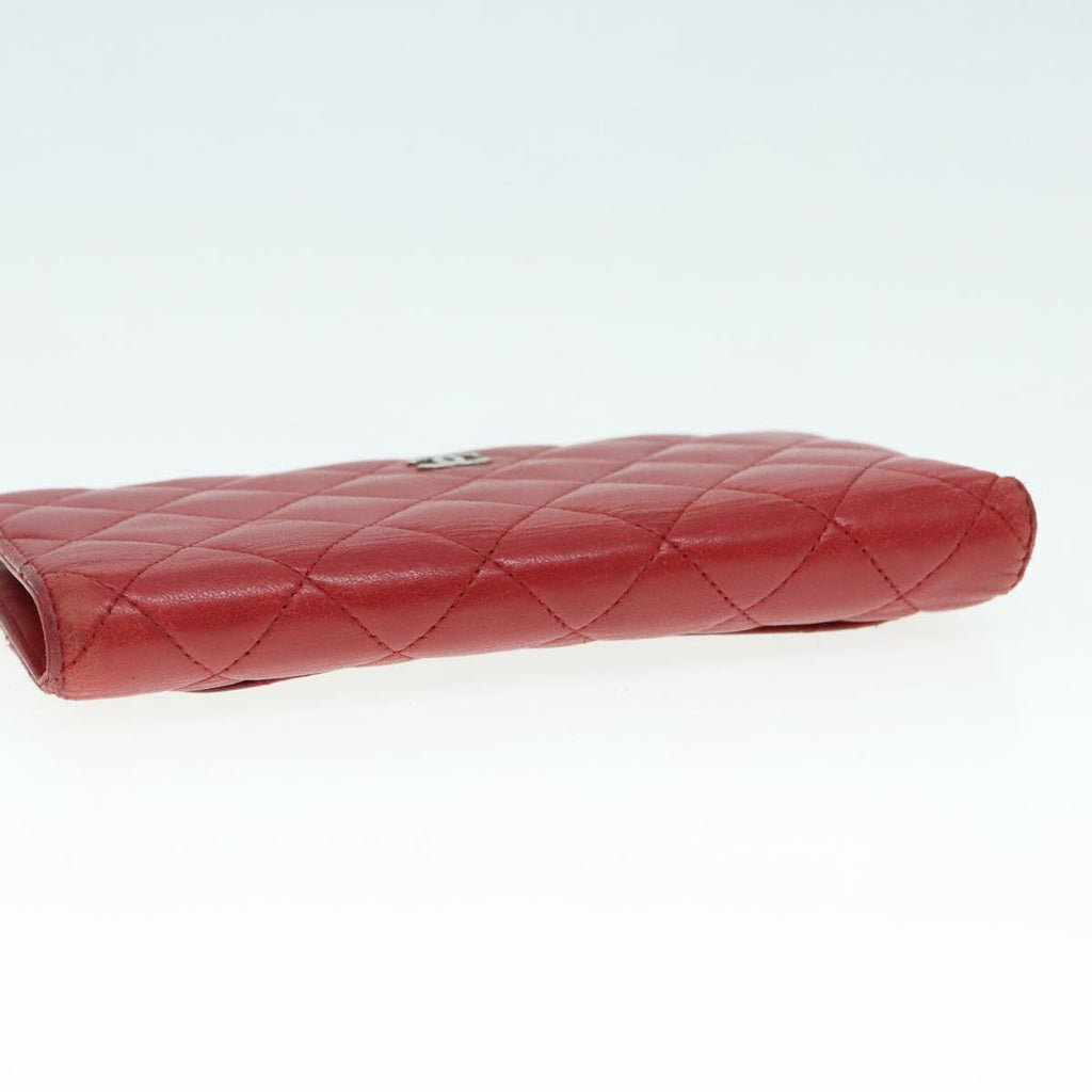 CHANEL Matelasse Wallet Lamb Skin Red Silver CC 90620