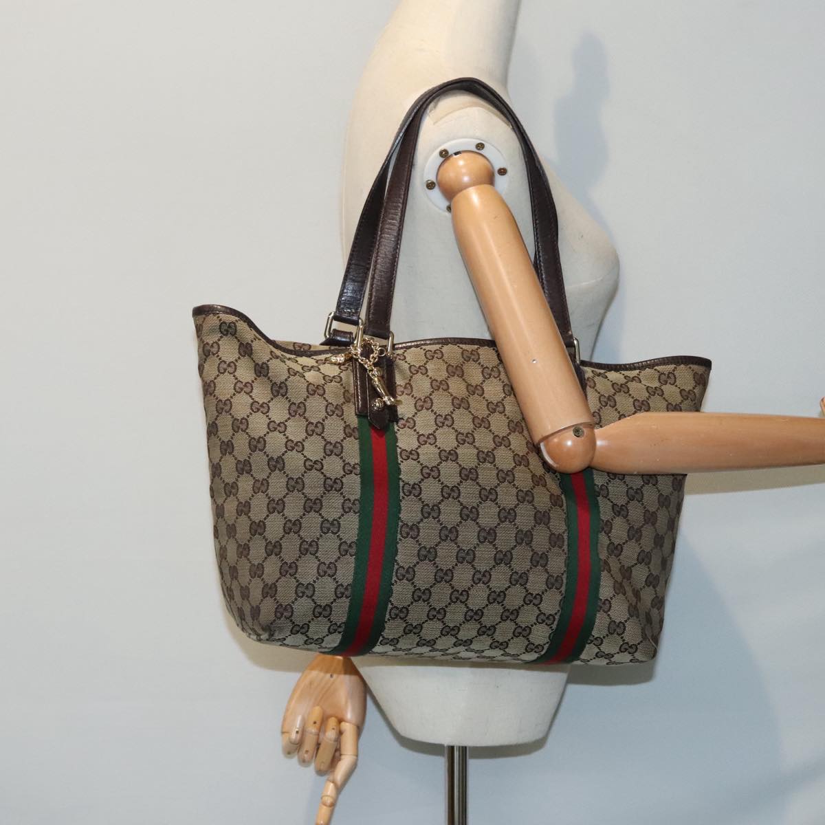GUCCI GG Canvas Web Sherry Line Tote Bag Beige Gold 139260 90669