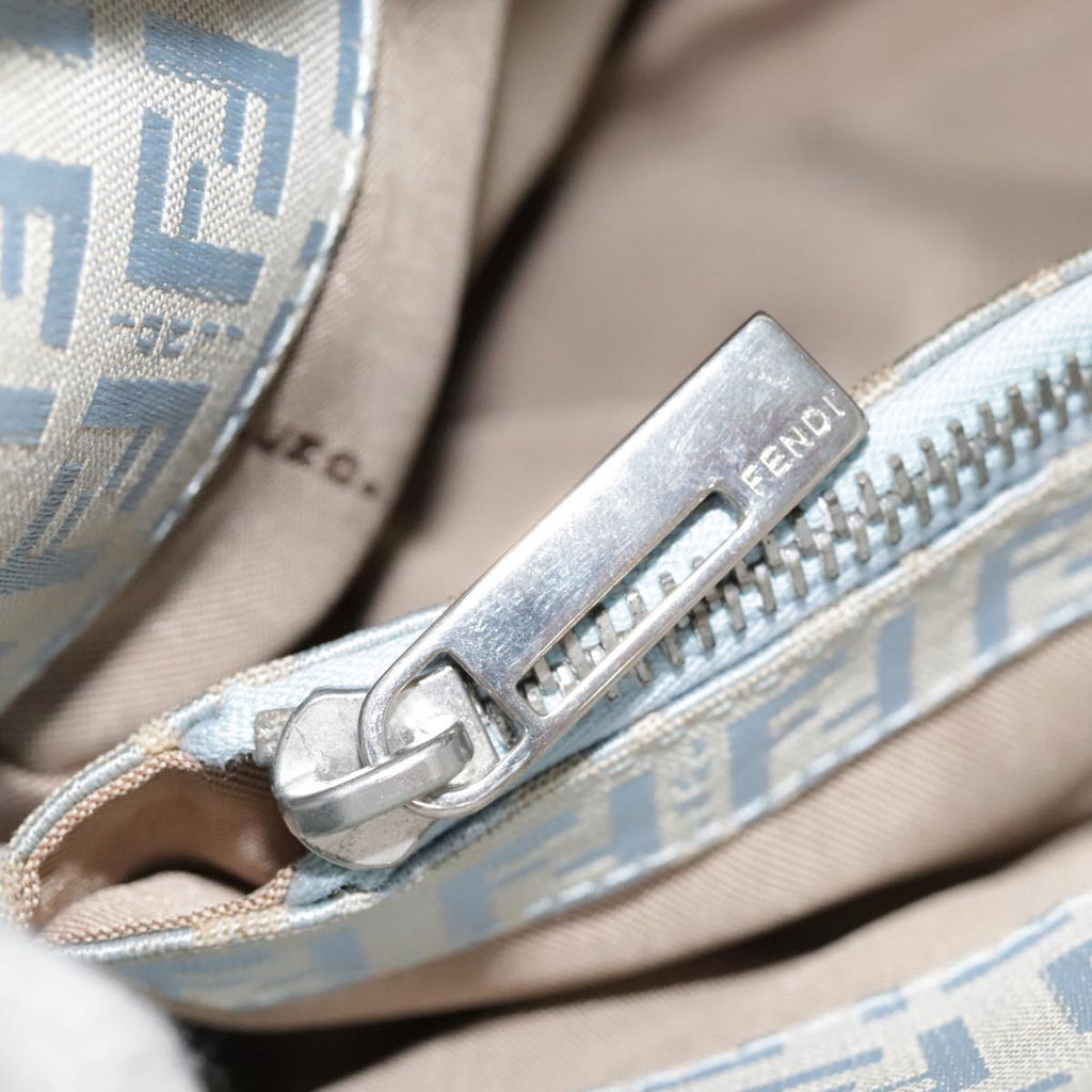 FENDI Zucchino Canvas Mamma Baguette Shoulder Bag Light Blue Silver 90704