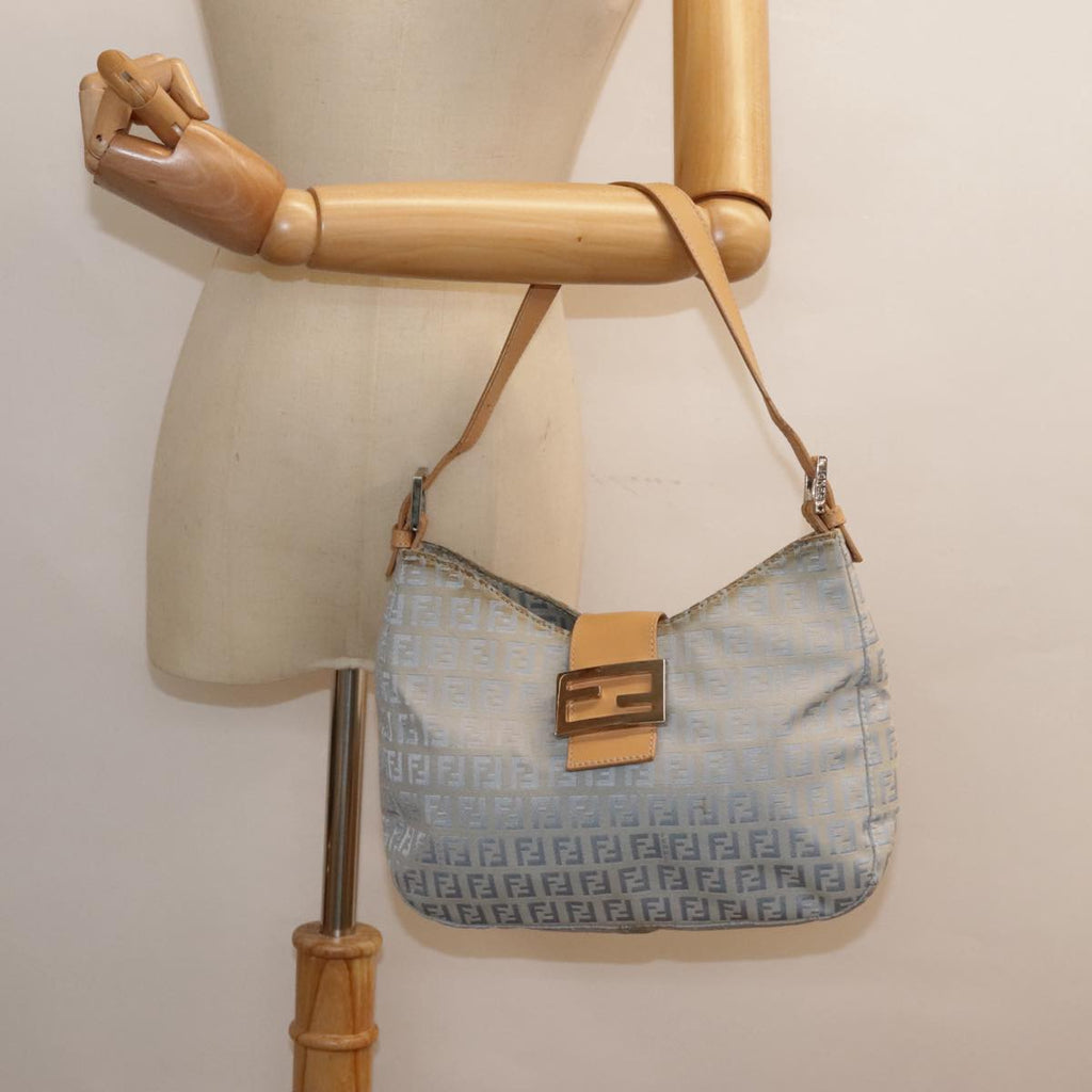 FENDI Zucchino Canvas Mamma Baguette Shoulder Bag Light Blue Silver 90704