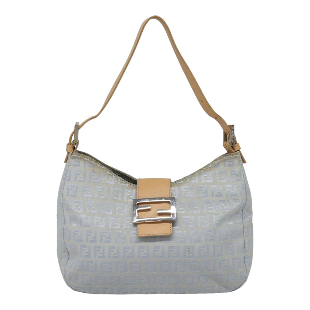 FENDI Zucchino Canvas Mamma Baguette Shoulder Bag Light Blue Silver 90704