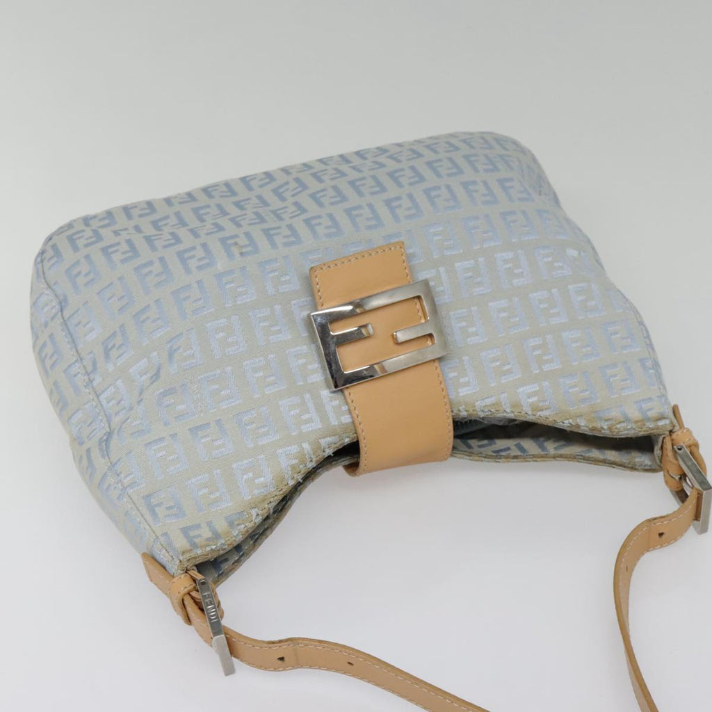 FENDI Zucchino Canvas Mamma Baguette Shoulder Bag Light Blue Silver 90704