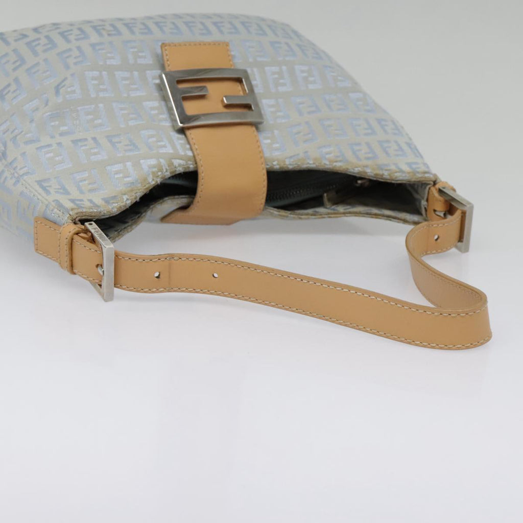 FENDI Zucchino Canvas Mamma Baguette Shoulder Bag Light Blue Silver 90704