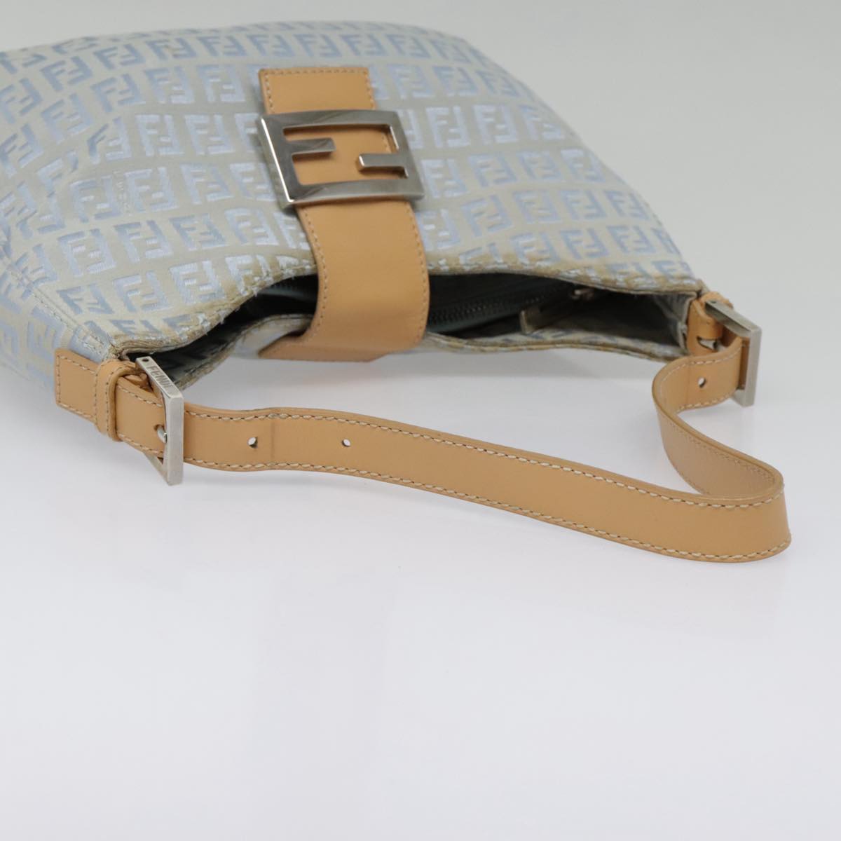 FENDI Zucchino Canvas Mamma Baguette Shoulder Bag Light Blue Silver 90704