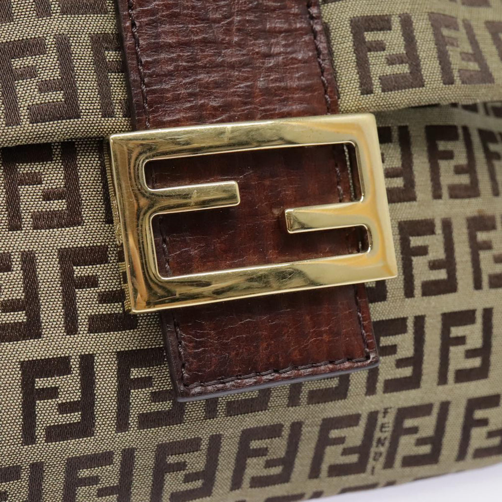 FENDI Zucchino Canvas Shoulder Bag Beige Gold 90776
