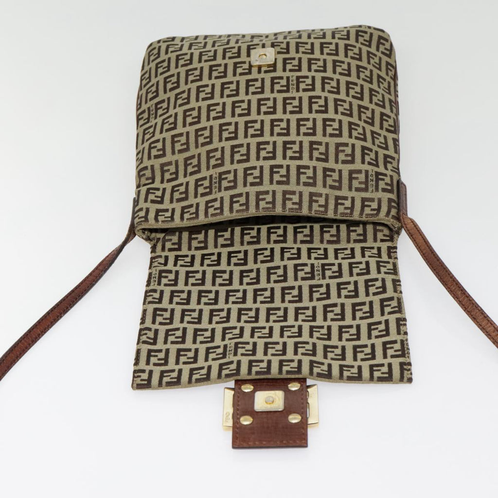 FENDI Zucchino Canvas Shoulder Bag Beige Gold 90776