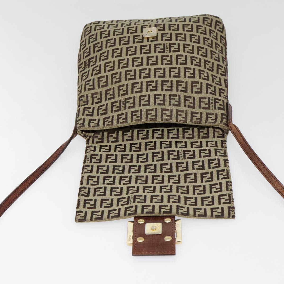 FENDI Zucchino Canvas Shoulder Bag Beige Gold 90776