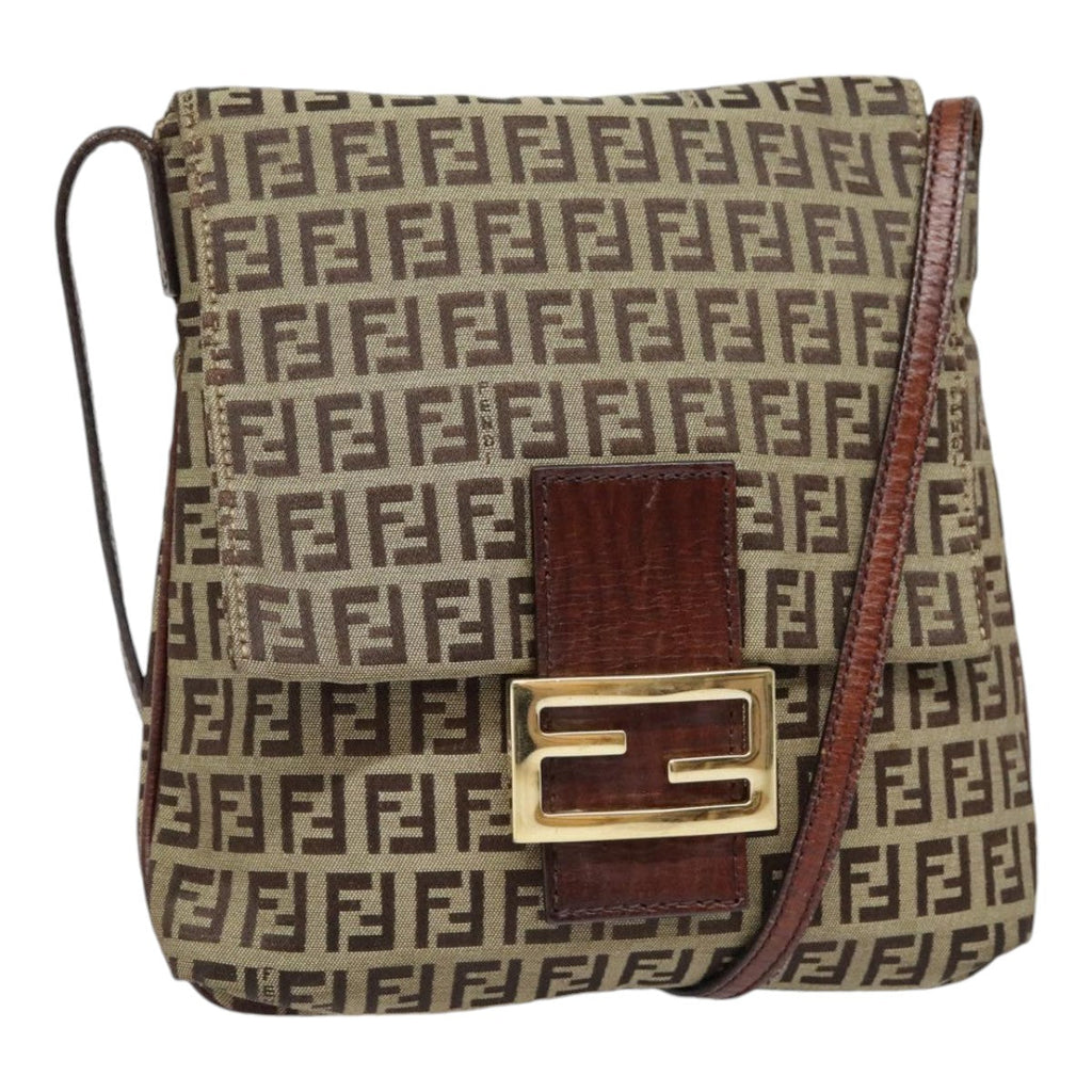 FENDI Zucchino Canvas Shoulder Bag Beige Gold 90776