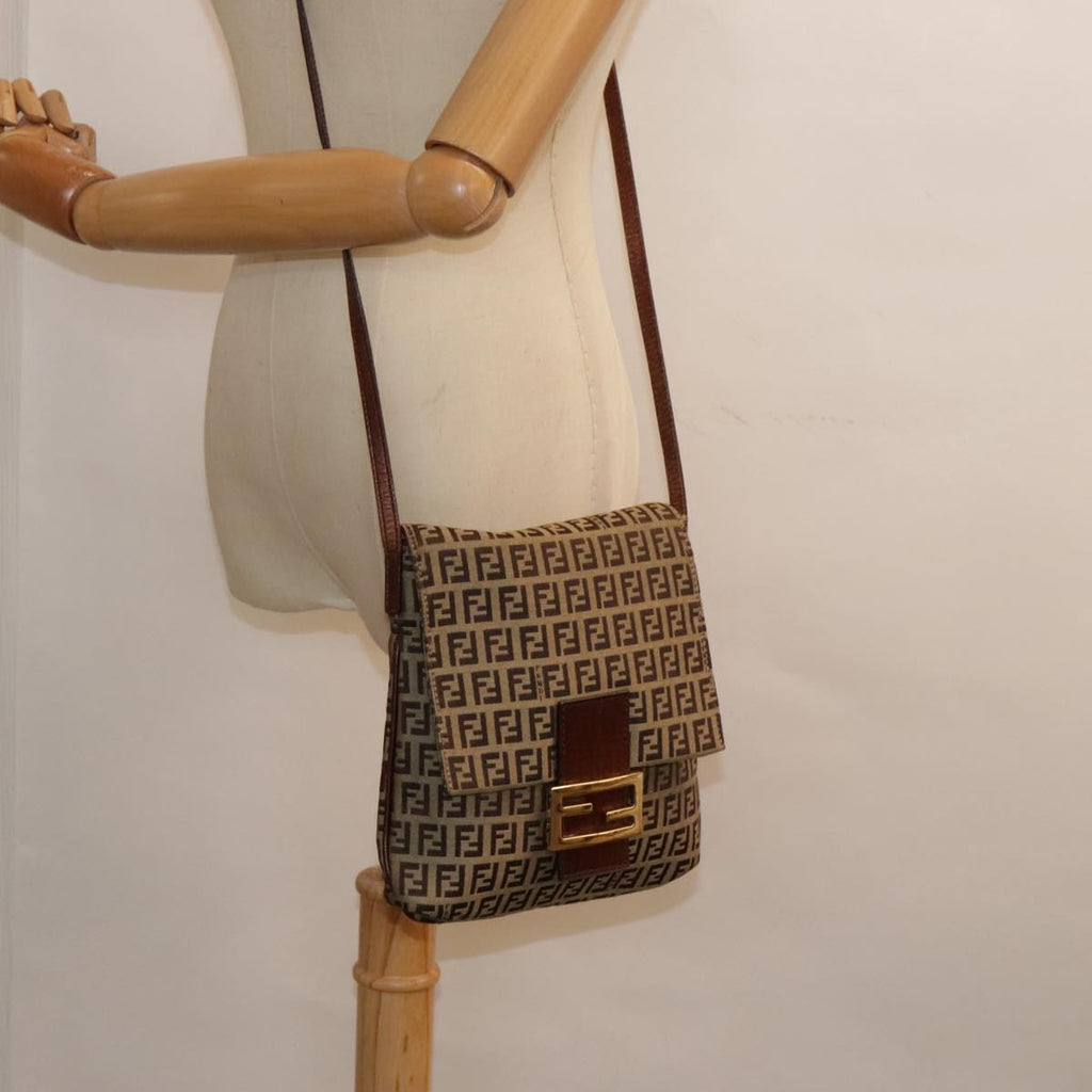 FENDI Zucchino Canvas Shoulder Bag Beige Gold 90776
