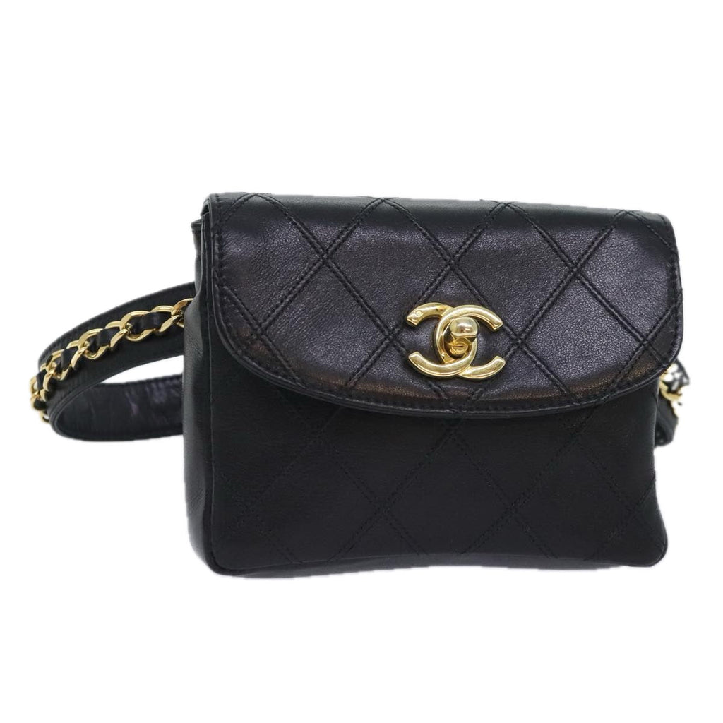 CHANEL Bicolore Chain Waist bag Leather Black Gold CC 90785A
