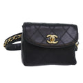 CHANEL Bicolore Chain Waist bag Leather Black Gold CC 90785A