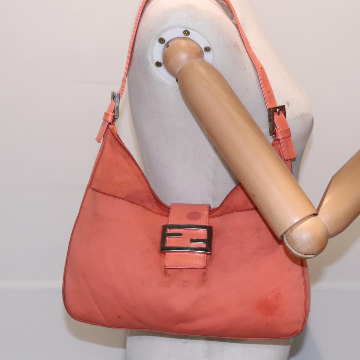 FENDI Mamma Baguette Shoulder Bag Nylon Orange Silver 90787
