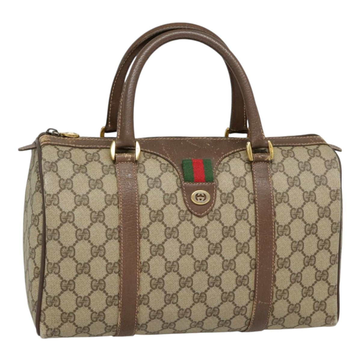 GUCCI GG Canvas Web Sherry Line Boston Bag PVC Beige Green Red 90797