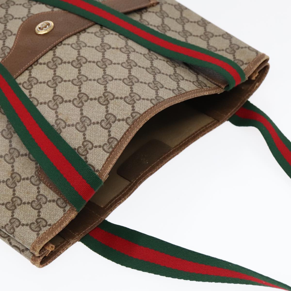 GUCCI GG Canvas Web Sherry Line Tote Bag PVC Leather Beige Green Red 90830