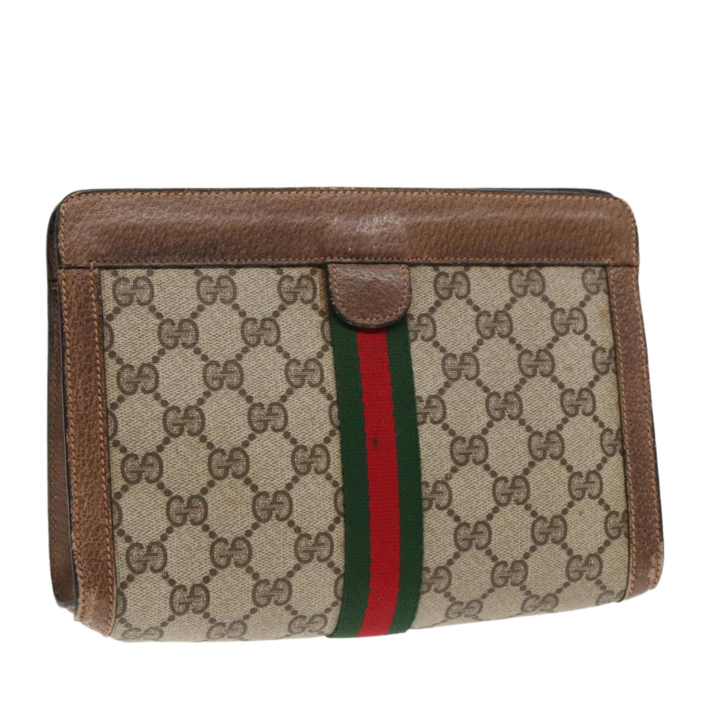 GUCCI GG Canvas Web Sherry Line Clutch Bag PVC Leather Beige Green 90836