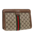 GUCCI GG Canvas Web Sherry Line Clutch Bag PVC Leather Beige Green 90836