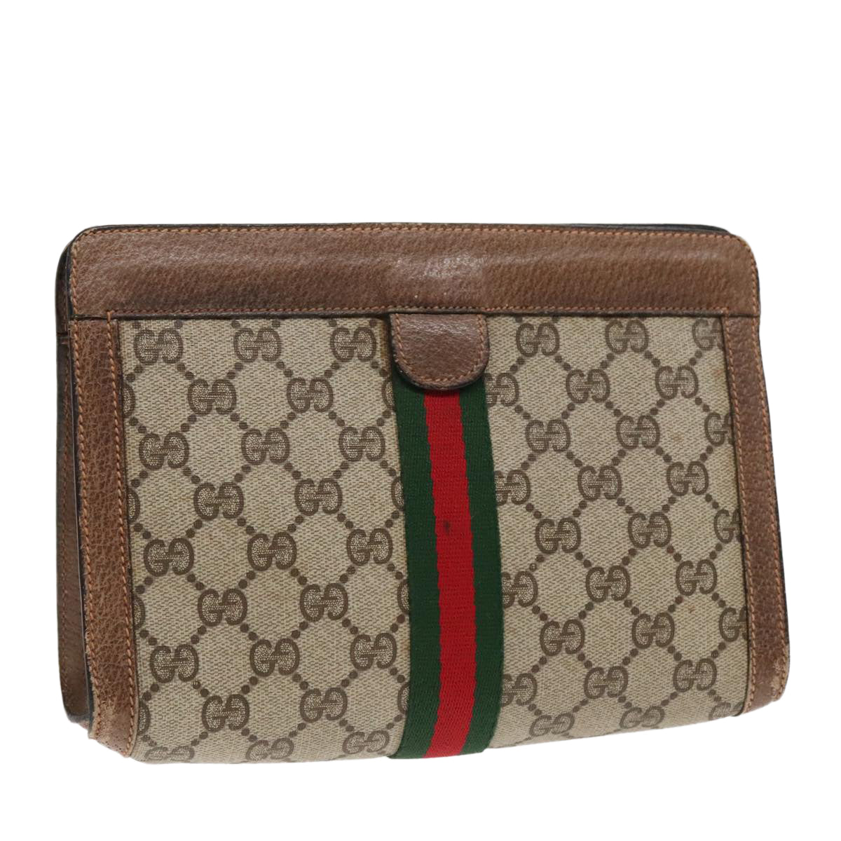 GUCCI GG Canvas Web Sherry Line Clutch Bag PVC Leather Beige Green 90836