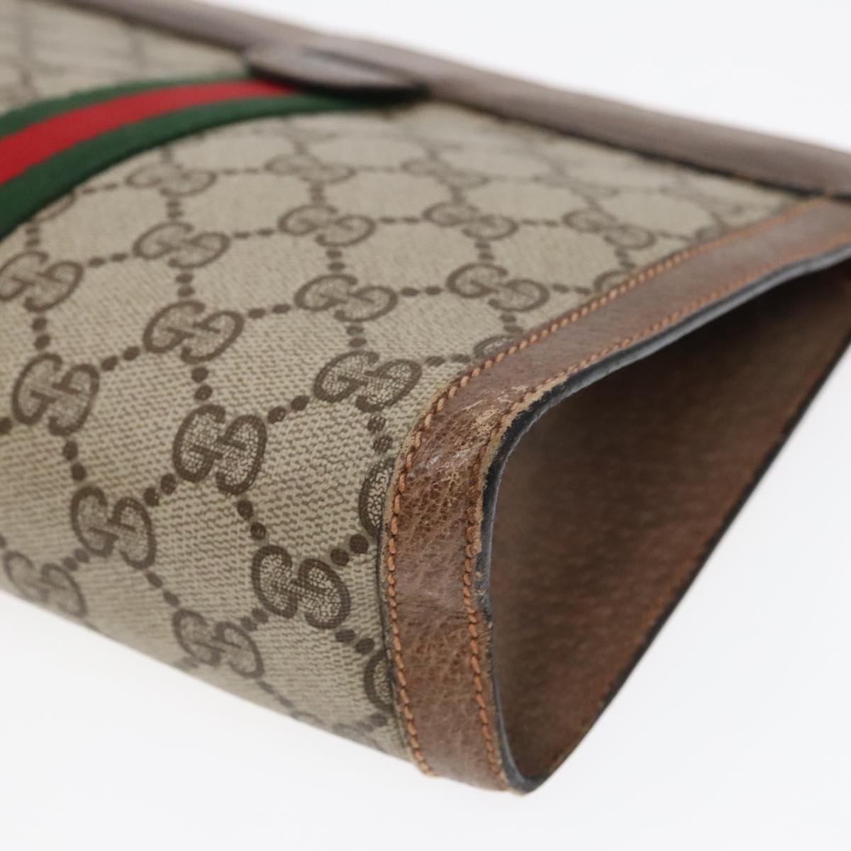 GUCCI GG Canvas Web Sherry Line Clutch Bag PVC Leather Beige Green 90836