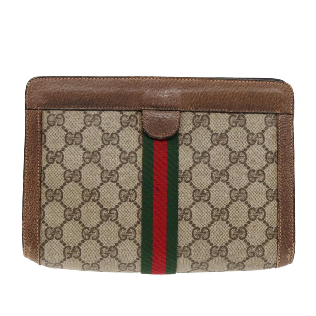 GUCCI GG Canvas Web Sherry Line Clutch Bag PVC Leather Beige Green 90836