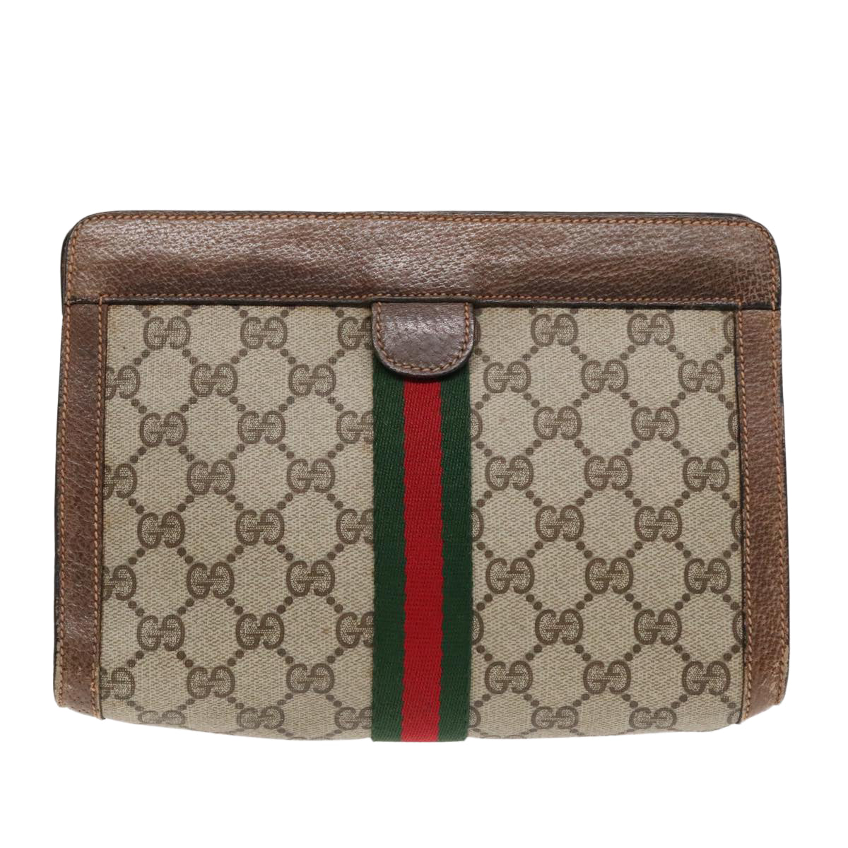 GUCCI GG Canvas Web Sherry Line Clutch Bag PVC Leather Beige Green 90836