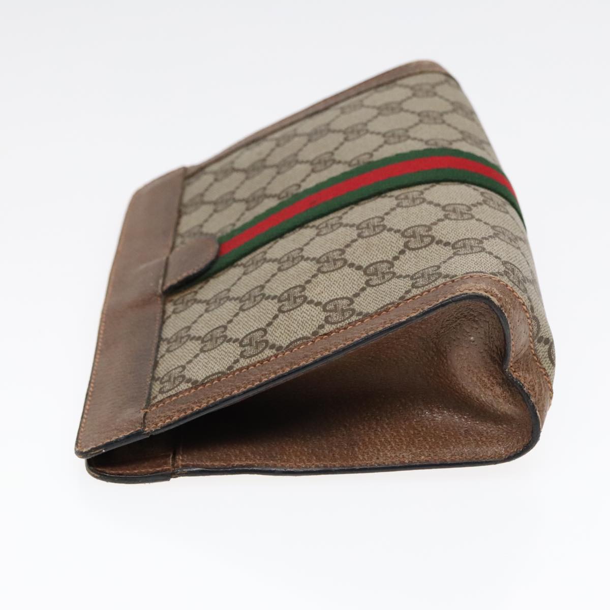 GUCCI GG Canvas Web Sherry Line Clutch Bag PVC Leather Beige Green 90836