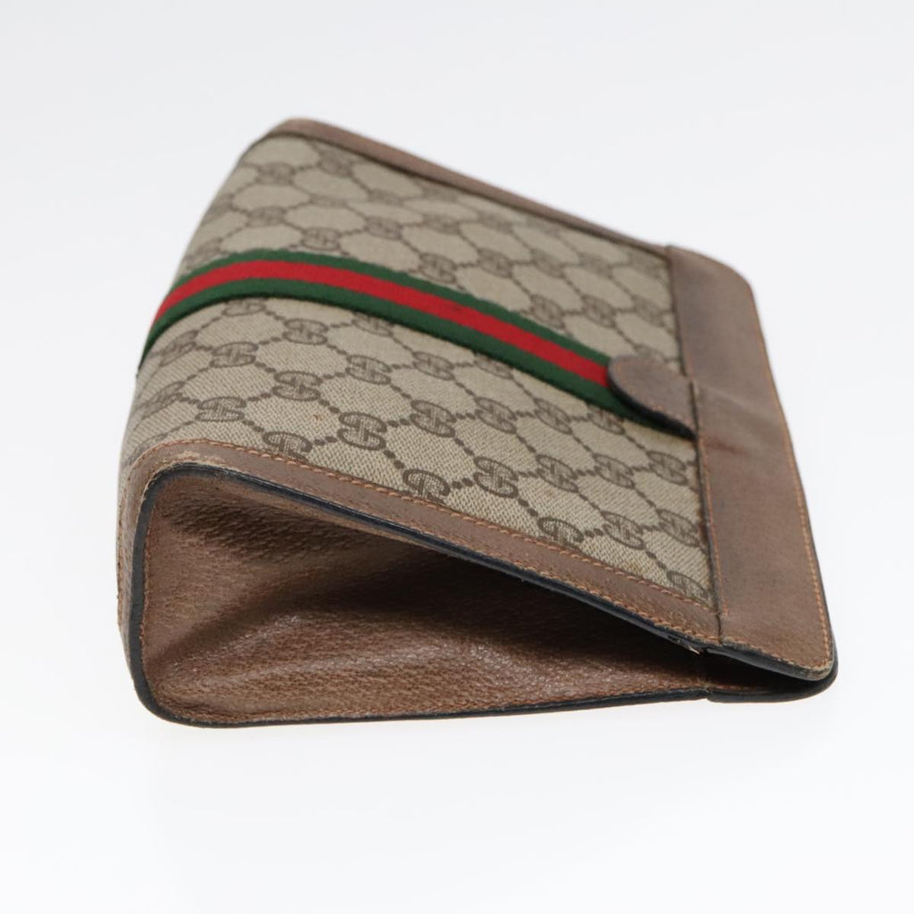GUCCI GG Canvas Web Sherry Line Clutch Bag PVC Leather Beige Green 90836