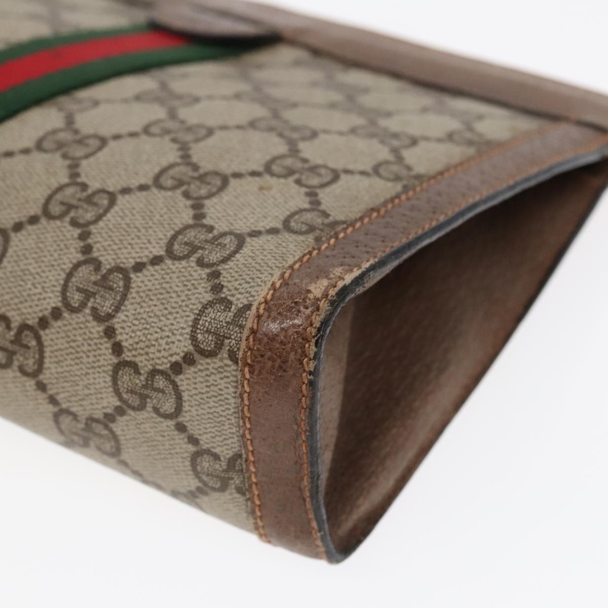 GUCCI GG Canvas Web Sherry Line Clutch Bag PVC Leather Beige Green 90836